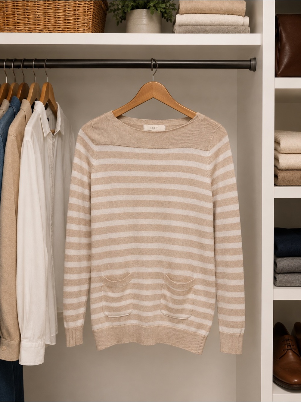 LOFT Cream and Beige Striped Crewneck Sweater